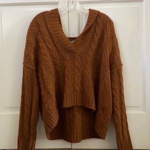 American Eagle Brown Quilted Hooded V Neck Sweater